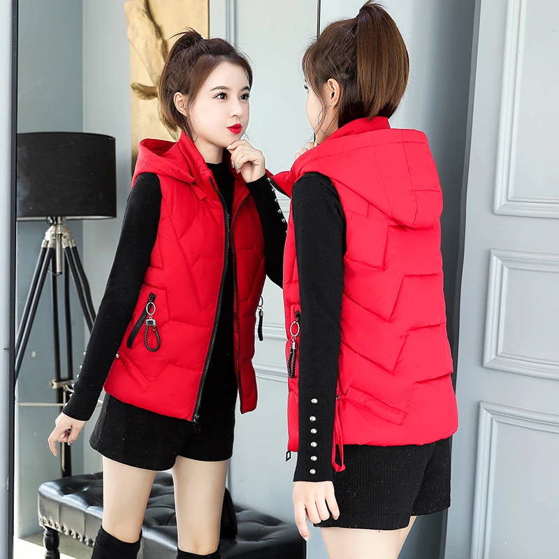 Женский пуховик с капюшоном пуховая куртка без рукавов толстая красная
