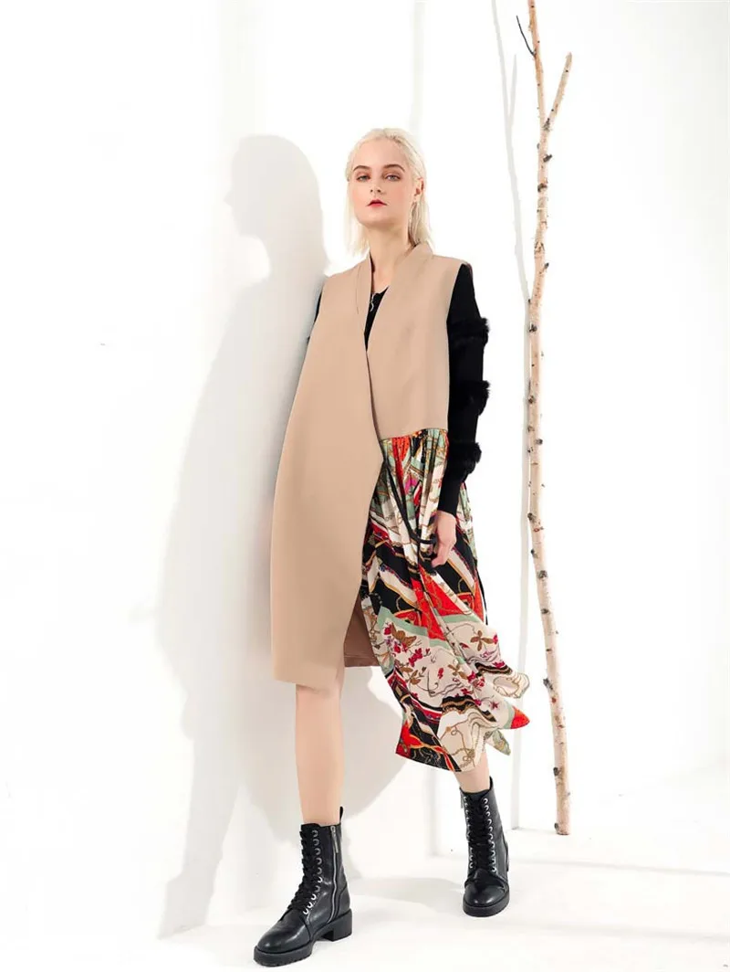 Женский весенний жилет элегантный Свободный с принтом Черный Асимметричный