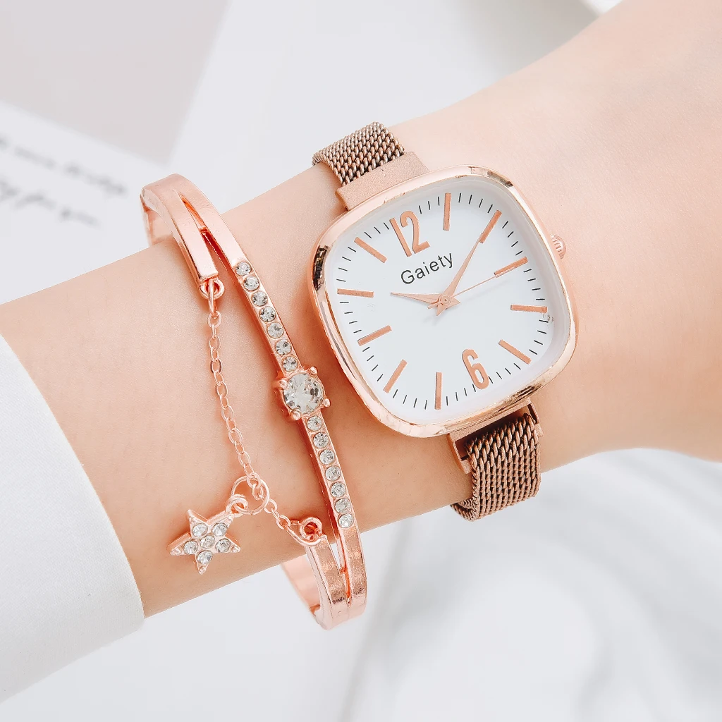 

Fashion 2pcs Set Women Watches Luxury Magnet Buckle Square Small Dial Watch Ladies Quartz Wrist Watch Bracelet Set Reloj Mujer