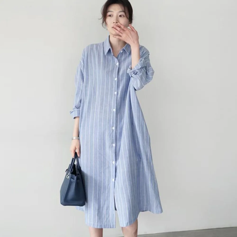 Женские длинные рубашки в синюю полоску осень 2020 повседневные женские платье с