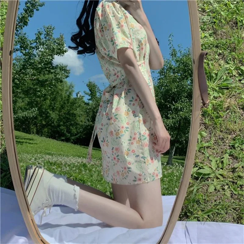 

Vintage Floral Printed Women Dress Summer Bohemia Style Casual Ruffles Bandage Puff Sleeve Mini Party Dresses Female Vestidos