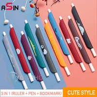 5pcsbox 0 5mm 3 in 1 multifunction retro color gel pen creative journal ruler pen cartoon bookmark pen school supplies