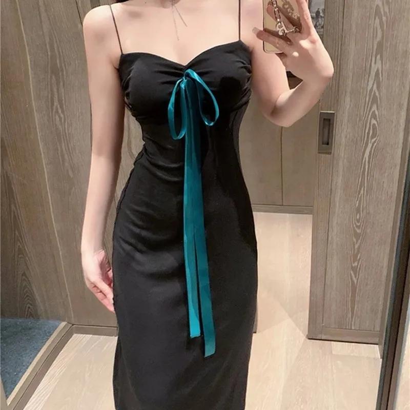 

Black long dress female bow tie strap elegant midi dress slim strap tube top dress Korean style clothes