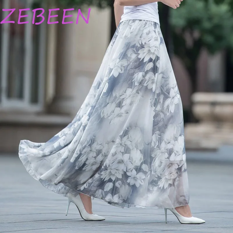 

Maxi Floral Print Swing Boho Skirt For Women 2021 Summer Elegant Chiffon Beach Holiday Casual Fashion Party Long Female Skirts