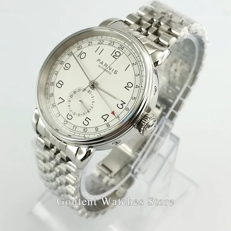 Часы Parnis GMT 42 мм механические мужские часы с синим циферблатом серебристый футляр