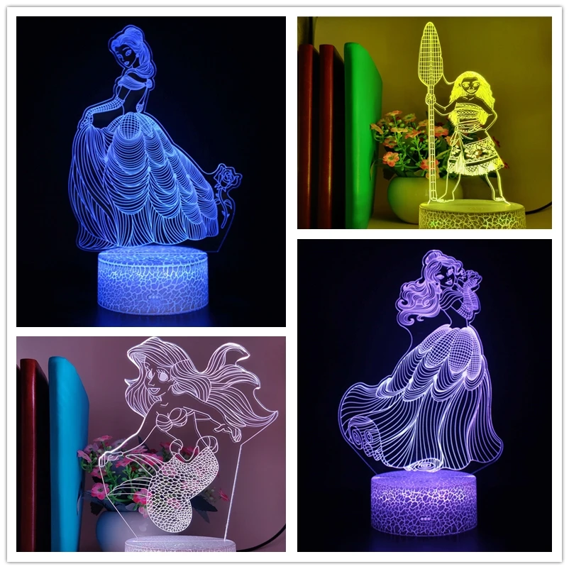 Disney Princess 3D Lamp Ariel  Cinderella Tangled Rapunzel LED Illusion Table Lamp Children Night Light Bedroom Decor Kids Girls