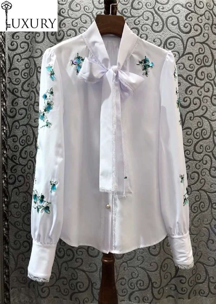 White Fashion 2020 Spring Blouses Women Bow Collar Color Block Embroidery Beading Buttons Down Long Sleeve Casual Tops Shirts