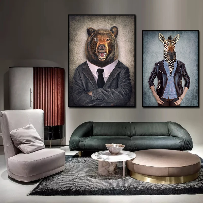 Картина на холсте с головой животного в стиле ретро Постер со львом слоном жизами