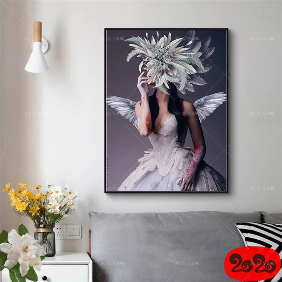 

Modern Abstract Fashion Sexy Female Model Feather Headdress Canvas Print Poster Wall Art Frame Living Room Home Decoration