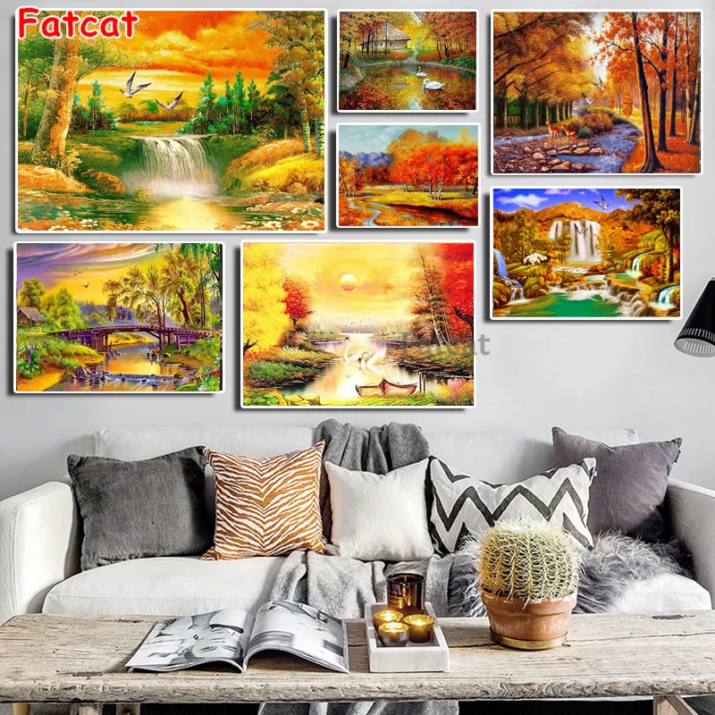 

Алмазная живопись «сделай сам» с деревом осенний пейзаж, вышивка крестиком, 3D полная квадратная Алмазная вышивка стразы, мозаичный Декор ...