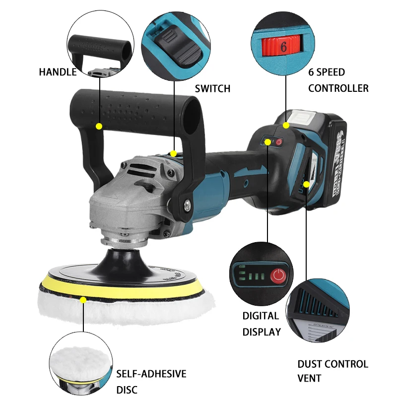 1600W Wireless Car Polisher Electric Polishing Machine 6 Gears Variable Speed Rechargeable Sanding Tools for Makita 18V Battery |