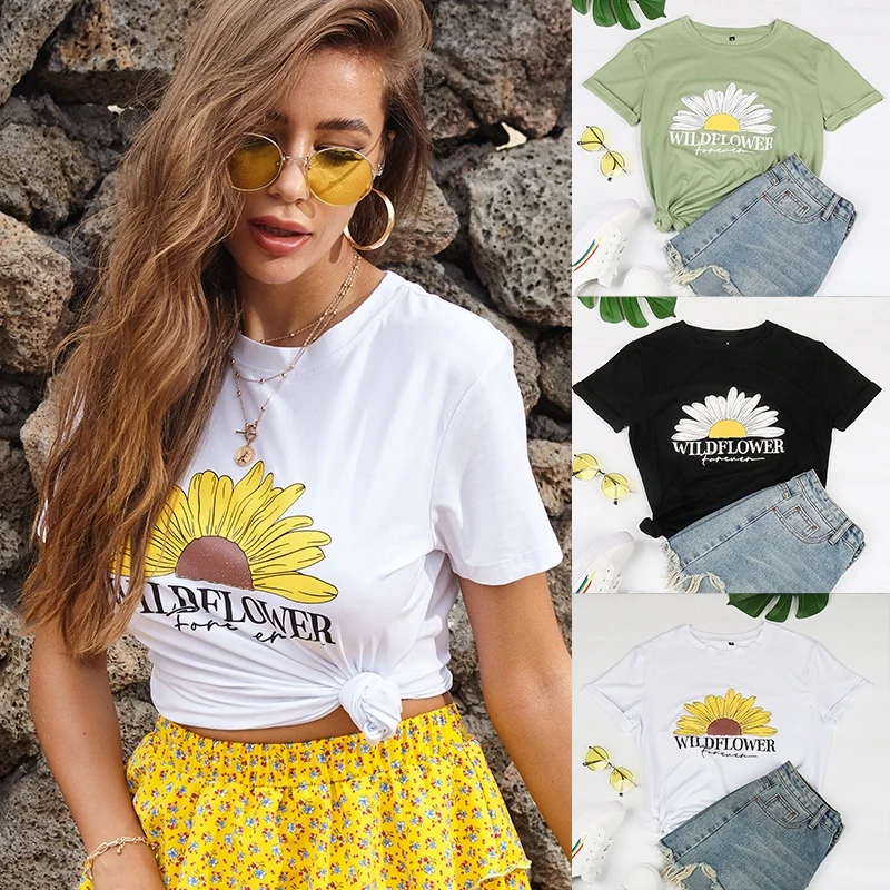 

Женская футболка с круглым вырезом и принтом «маленькая Маргаритка», Повседневная Свободная футболка с короткими рукавами для студентов, л...