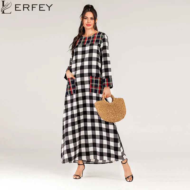 Женское длинное платье в клетку с длинным рукавом и карманами|Женские платья| |