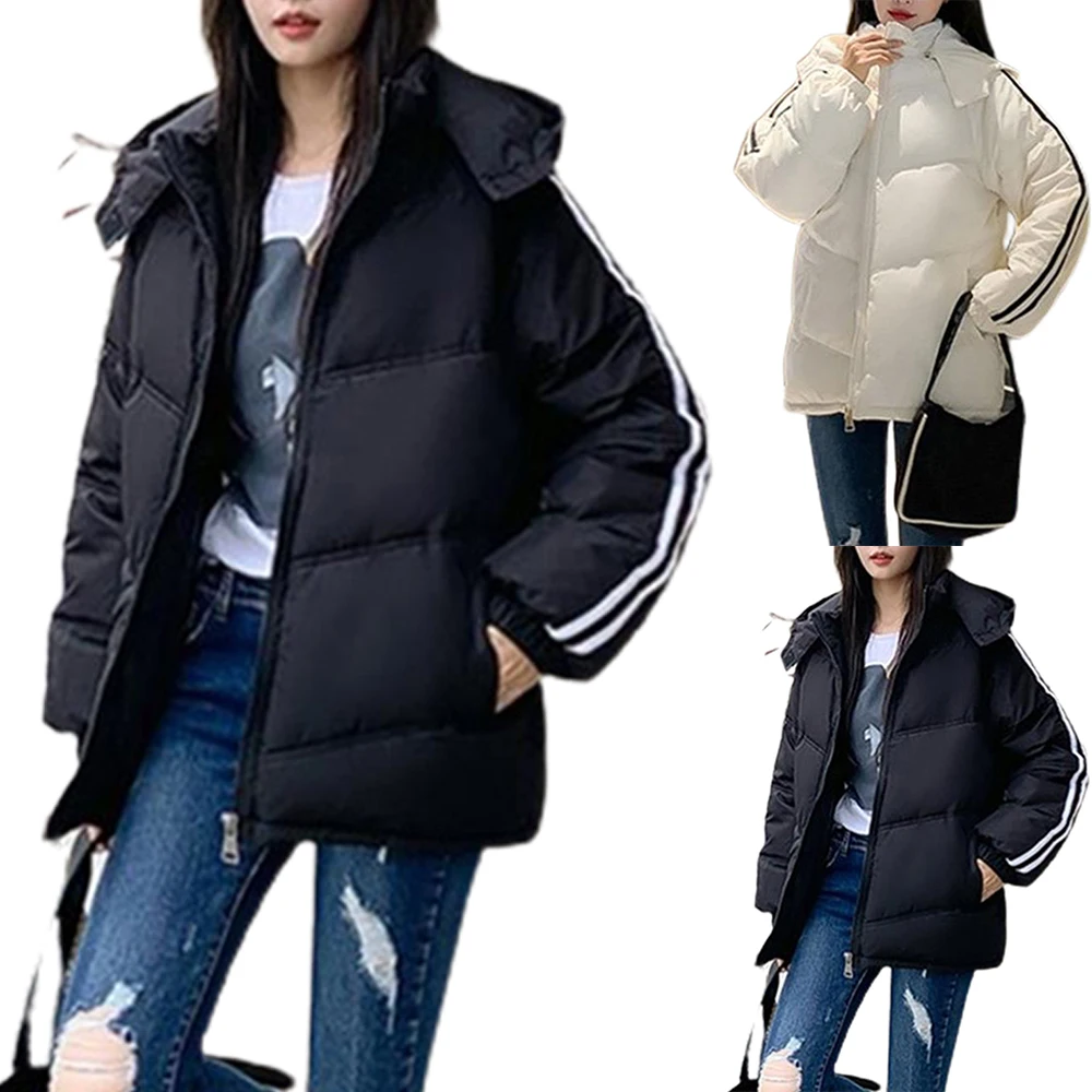 

Женский теплый пуховик с капюшоном, свободная Толстая зимняя куртка с воротником-стойкой, зимняя верхняя одежда в полоску, теплый костюм