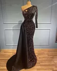 Сексуальные черные длинные вечерние платья русалки 2022 на одно плечо с длинным рукавом блестящие атласные женские Формальные платья в африканском стиле