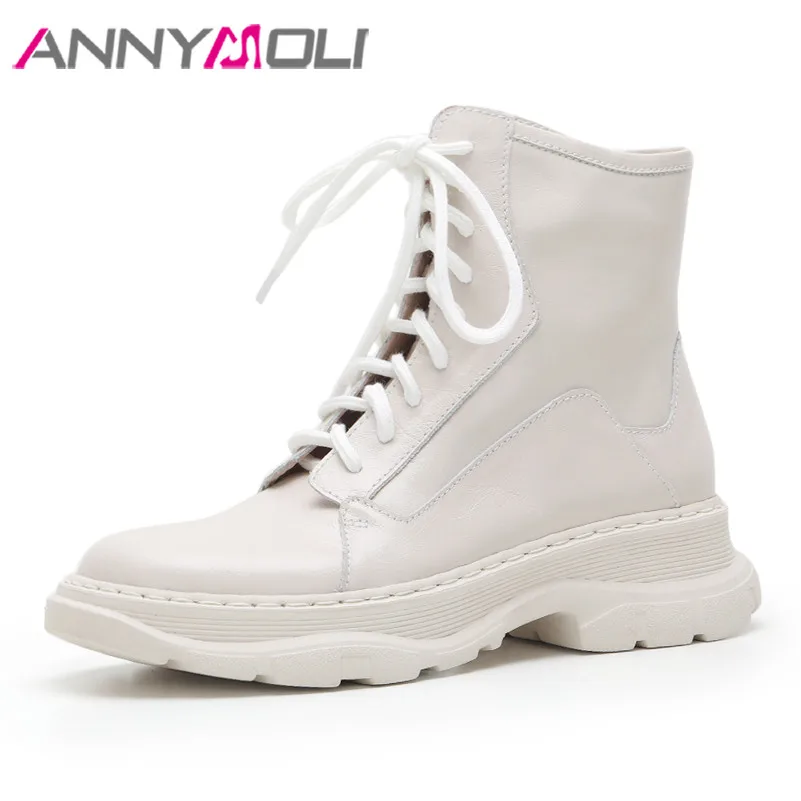 

ANNYMOLI Motorcycle Boots Women Shoes Genuine Leather Flats Platform Ankle Boots Zipper Lace Up Short Boots Ladies Autumn Winter