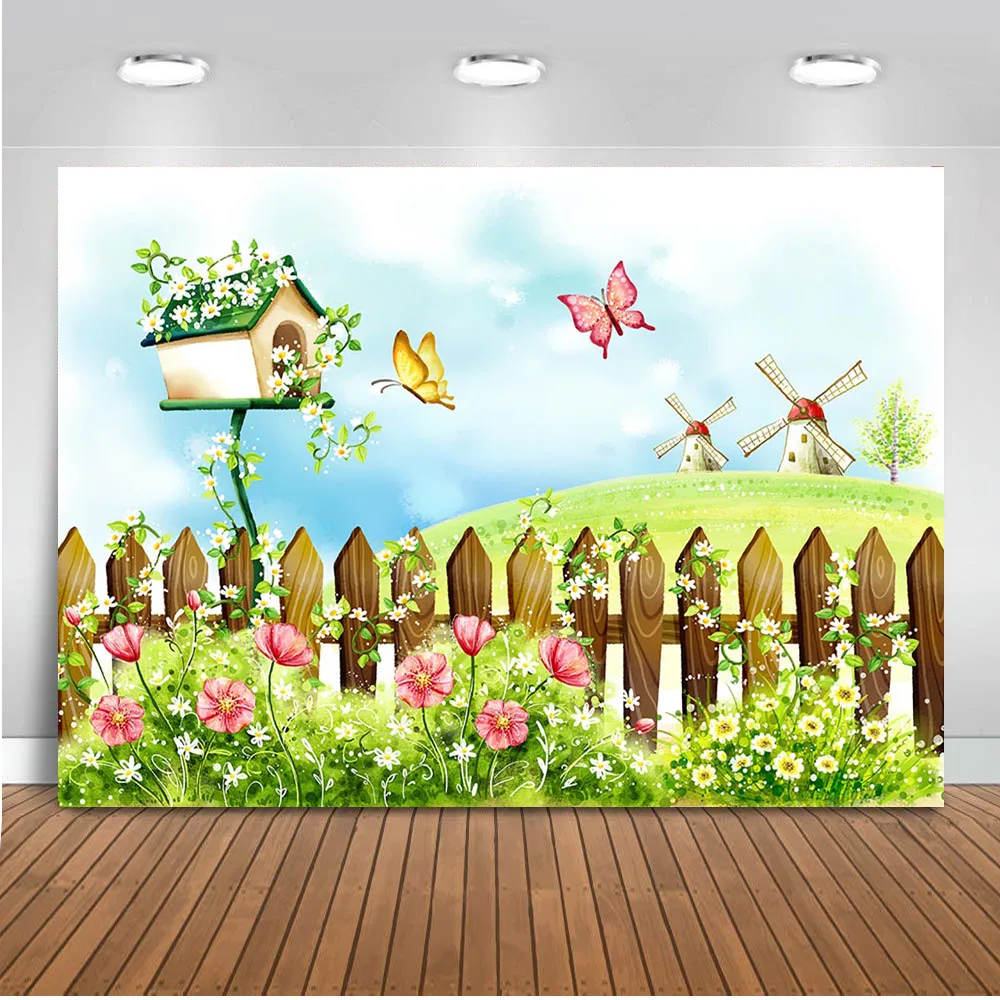 Фон с бабочками зеленая трава фон для фотостудии детей новорожденных Цветочные