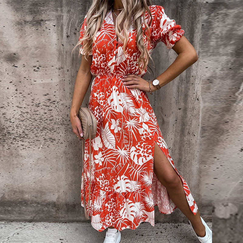 

Summer New Fashion Floral Pattern Slim Dress Casual Short Sleeve High Waist Dresses Female Sexy V-Neck Outdoor Colorful Dresses