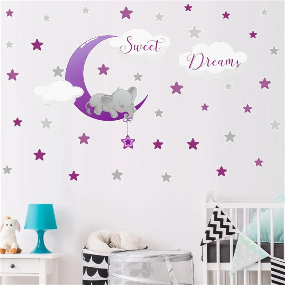 

BalleenShiny Creative Baby Elephant Moon Star Animal Wall Sticker Self-adhesive Paper Room Simple Decoration Wall Sticker