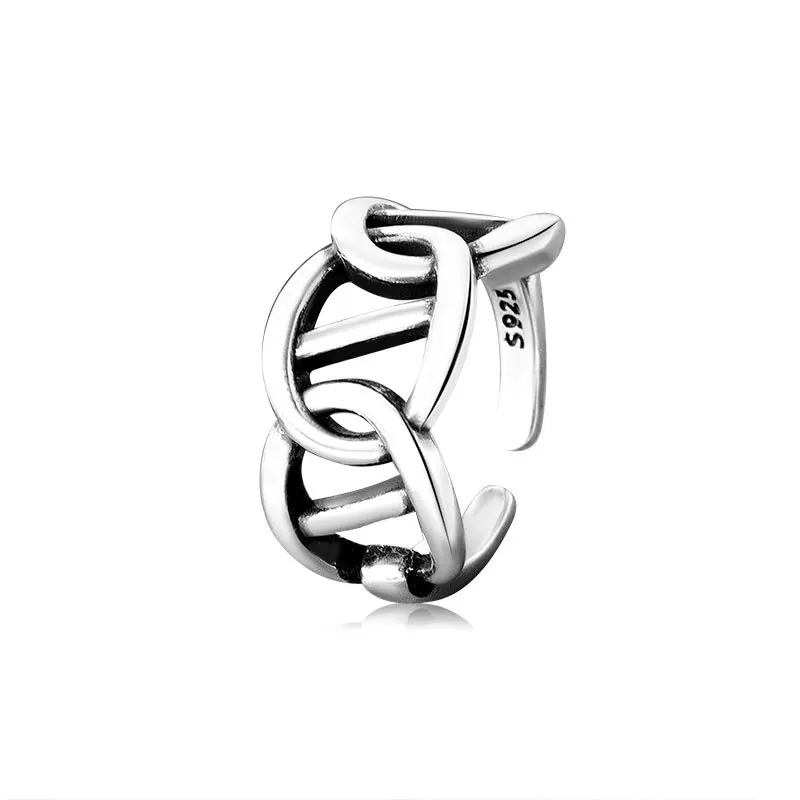 

QMCOCO 925 Sterling Silver Vintage Personality Cross Braided Hemp Rope Waves Couple Open Ring Women Man Jewelrly
