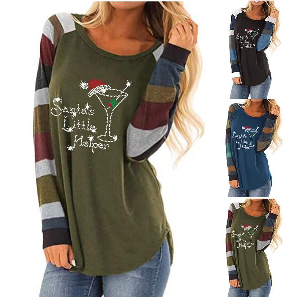 

Women Crew Neck Casual Blouse Ladies Casual Printed Tops Christmas Xmas Striped T-Shirt Long Sleeve Tops Pullover Shirt Clothes