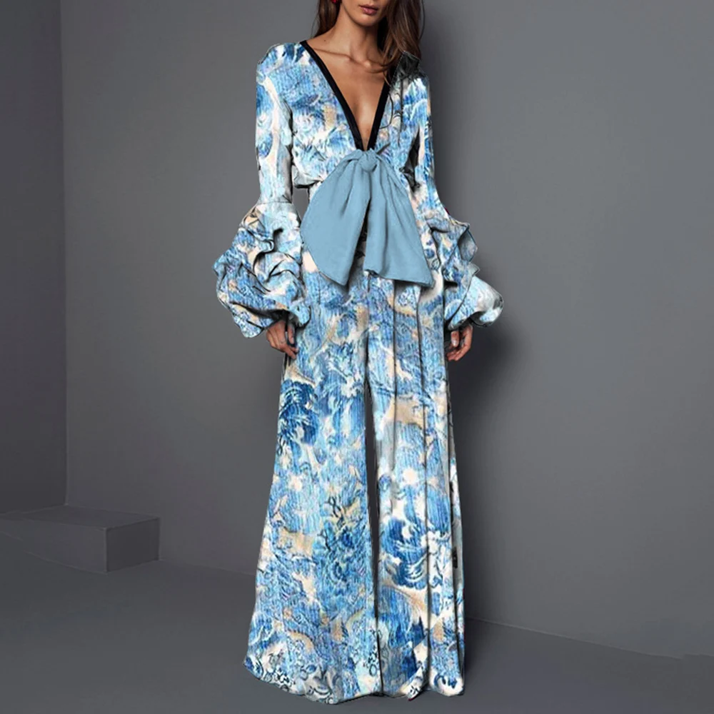 Женский винтажный комбинезон с цветочным принтом элегантный V образным вырезом и