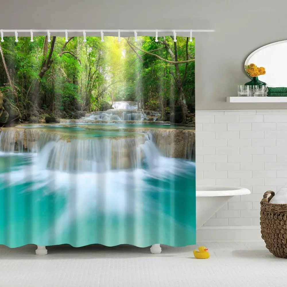 

Natural Landscape Waterfall Shower Curtain Green Plant Beach Sea Bathroom Decor Bath Curtains Waterproof Background Wall Decor