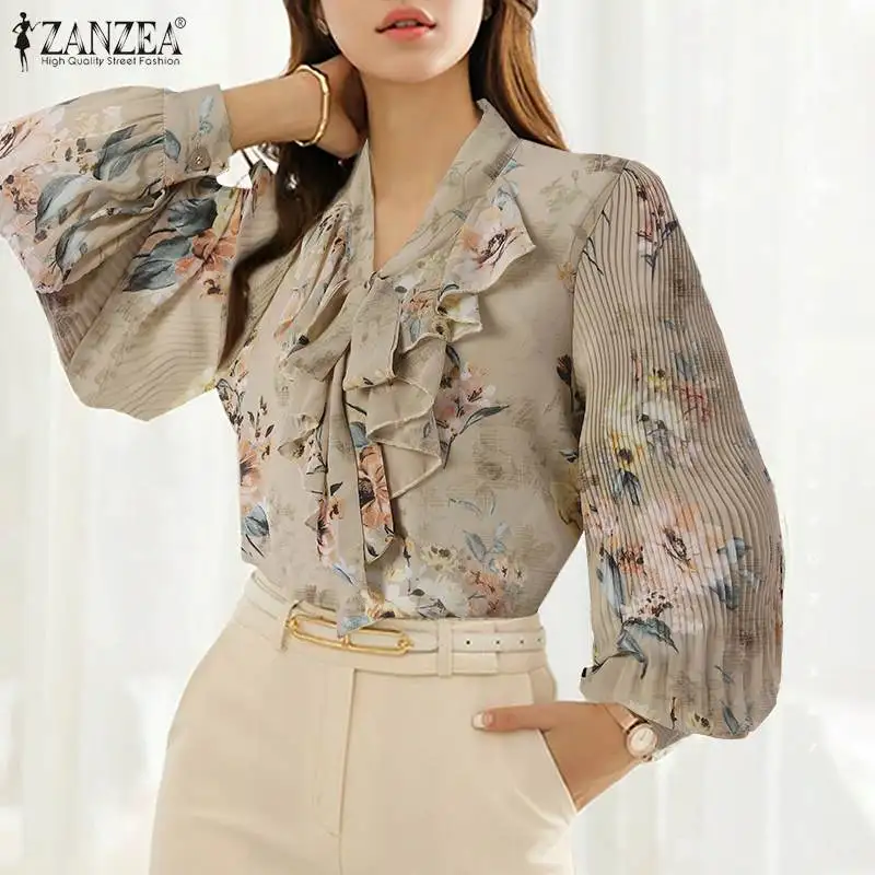 

Women Retro Elegant Puff Sleeve Shirt 2022 ZANZEA Oversized Printed Chemise Female Office Bow Tops Stylish Floral Club Blouse