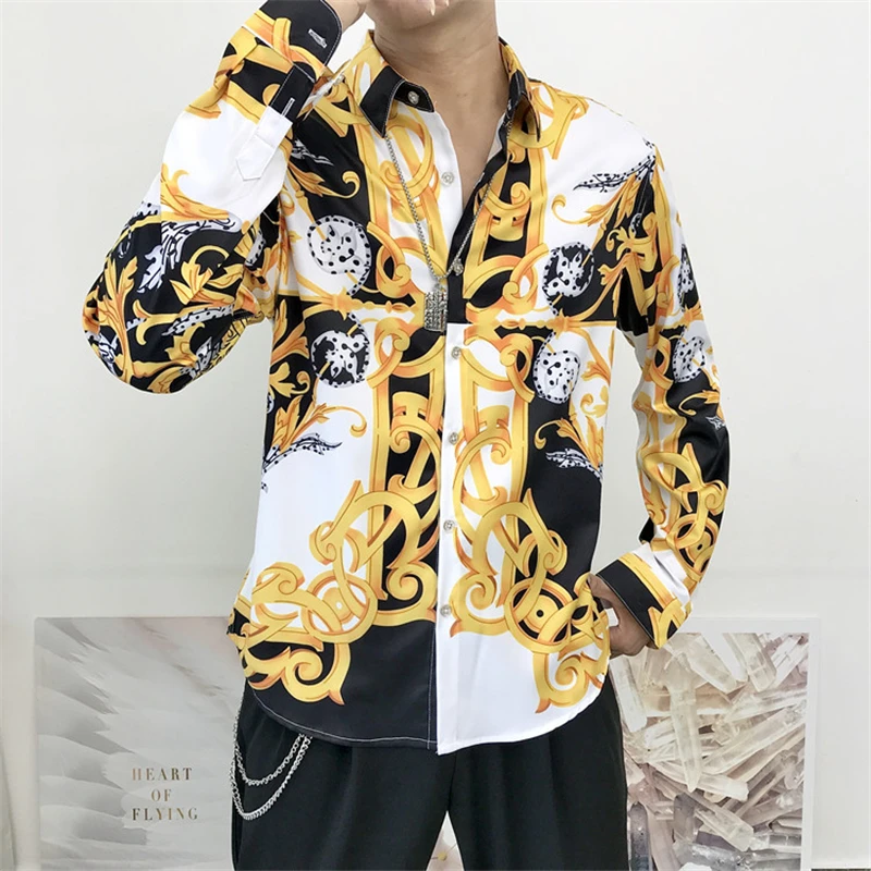 

Luxury Print Men Shirt Long Sleeve Vintage Gold Baroque Designer Shirts Men Dress Streetwear Camisa Feminina Nice Camicie Uomo