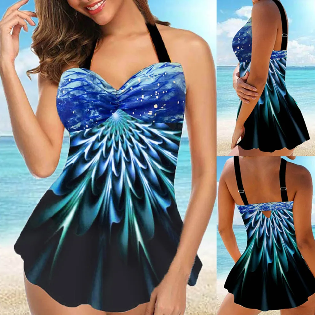 

Women Print Tankini S Split Swimsuit Strap Adjustable Plus Size S -5XL Summer Beachwear Padded Bathing Suit A20
