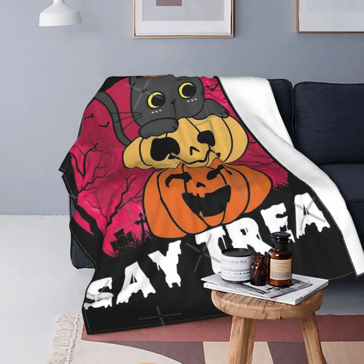 

Did Someone Say Treat-Manta de gato de Halloween, colcha de cama a cuadros, manta con capucha, fundas de cama de invierno, 150