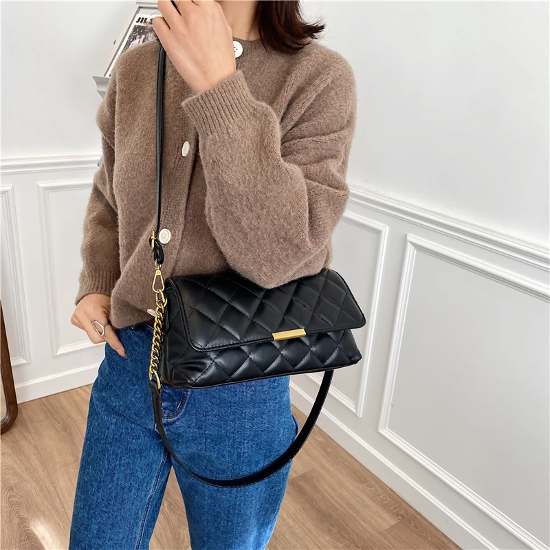 

Toposhine Diamond Lattice Thread Leather Shoulder Bag Fashion Chains Design Flap Women Bag New Square Design Crossbody Bag