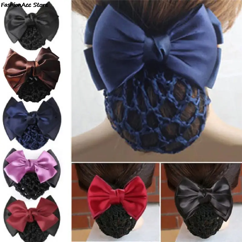 

Satin Bow Rhinestone Barrette Lady Hair Clip Cover Bowknot Net Bun Snood