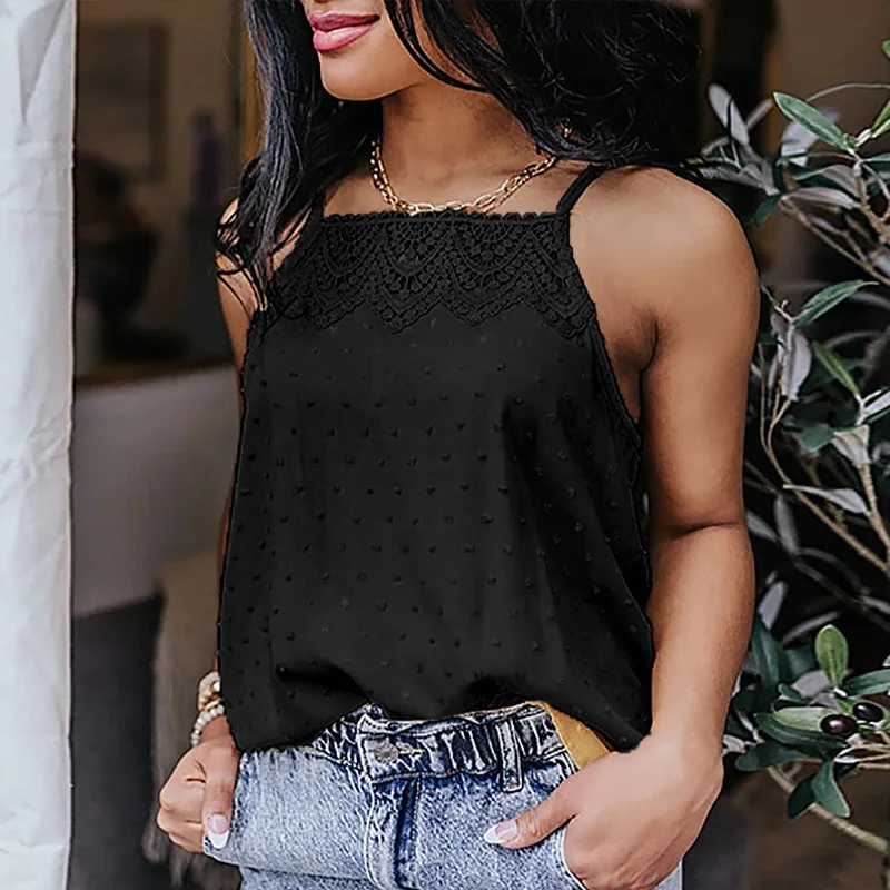 

Lace Patchwork Jacquard Sleeve Women'S Camis Top Solid Loose Plus Size 2XL Sexy Simple Casual Ladies Tank Tops Summer New Trendy