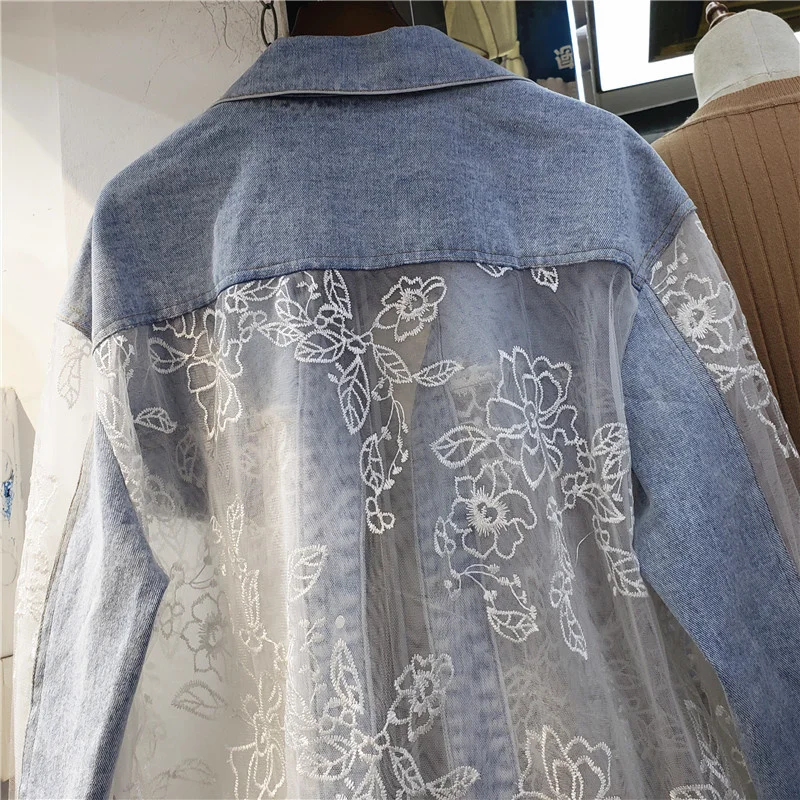 

Summer Korean Lace Splicing Embroidery Beading Denim Jacket Coat Women Chaquetas Mujer Outerwear Loose Short Jeans Jacket Female
