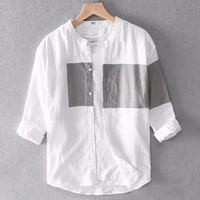 dropshipping shirt three quarter sleeve button up summer stitching color lapel men shirt for daily wear