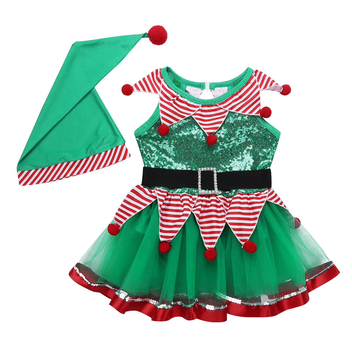 Kids Girls Christmas Xmas Dress Fairy Spirit Costume Dancewear Outfit Sequined Striped Peplum Mesh Tutu Leotard with Hat | Детская