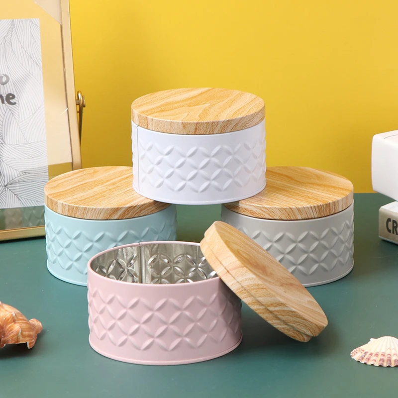 

Round Empty Iron Box With Wood Grain Lid Candy Storage Box DIY Candle Making Jar