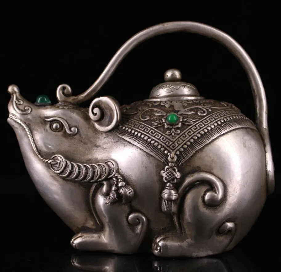

Archaize белый медный инкрустация драгоценный камень мышь чайник ремесла статуя