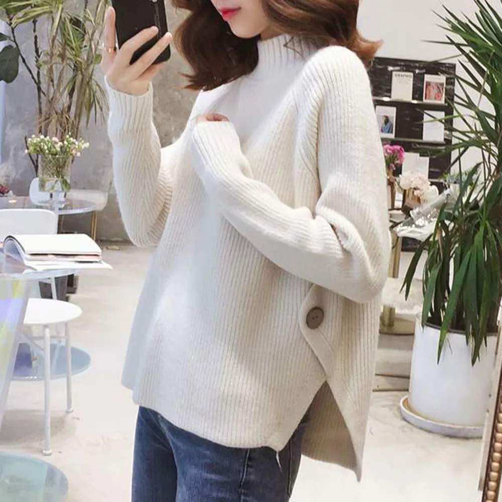 

Осень-зима 2021, свитер для женщин, корейский студенческий Повседневный свободный женский свитер в ленивом стиле, модный однотонный пуловер, ...