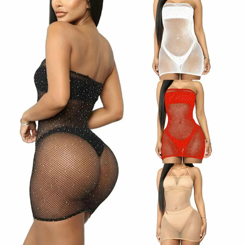 

Women 2020 Newest Shiny Bronzing Bandeau Fishnet Mesh Sheer Bikini Cover Up Bathing Summer Beach Dress Suit See Through Swimsuit