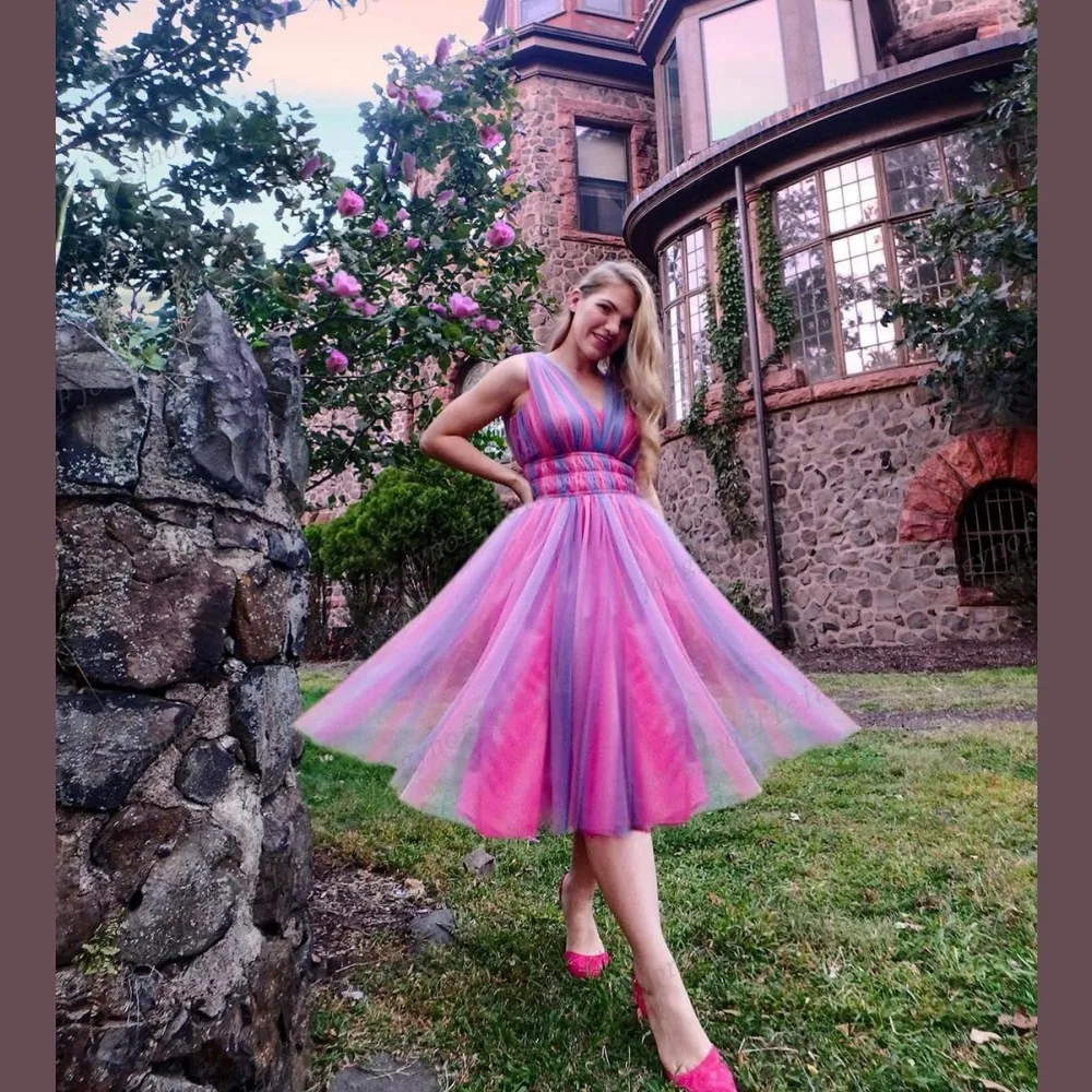 

Elegant Fashion A-Line Vertical Stripe Summer Dresses Custom Made Pink and Blue Women's Party Dress Prom Gowns