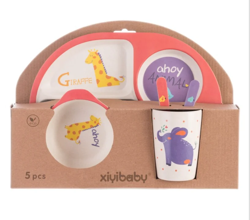 

Five Piece Set 2021 New Bamboo Fiber Children's Tableware Set Creative Cartoon Rice Bowl Baby Split Plate Gift Tableware