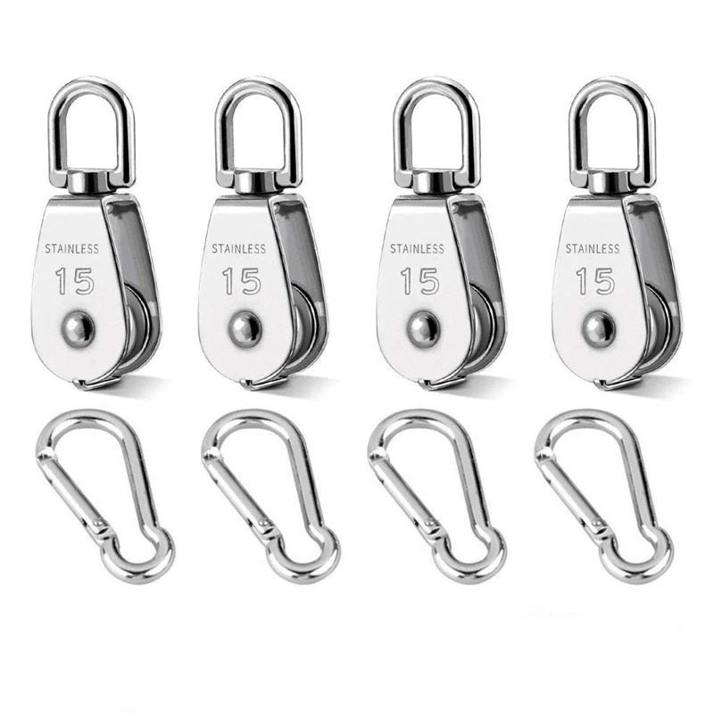 

M15 Crane Pulley Block Swivel Hook Single Pulley Block Hanging Wire Towing Wheel 304 Stainless Steel with Carabiner