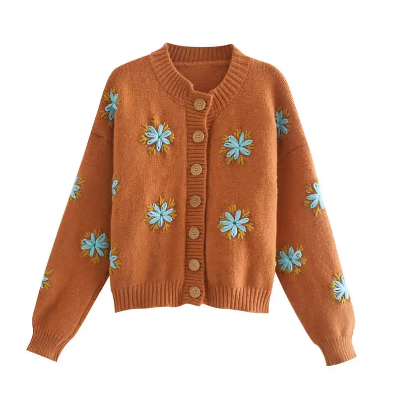 

2020 Autumn Winter Casual Women's Embroidered Flower Knitted Sweater Cardigan Elegant Streetwear Coat