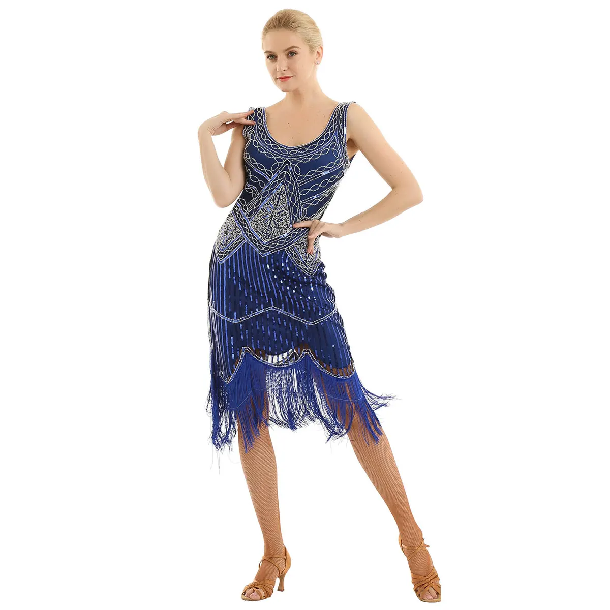 Womens Glitter Reflective Beaded Summer Dress for Jazz Dance Wear Fringed Tassels Hem Flapper Cocktail Leotard |