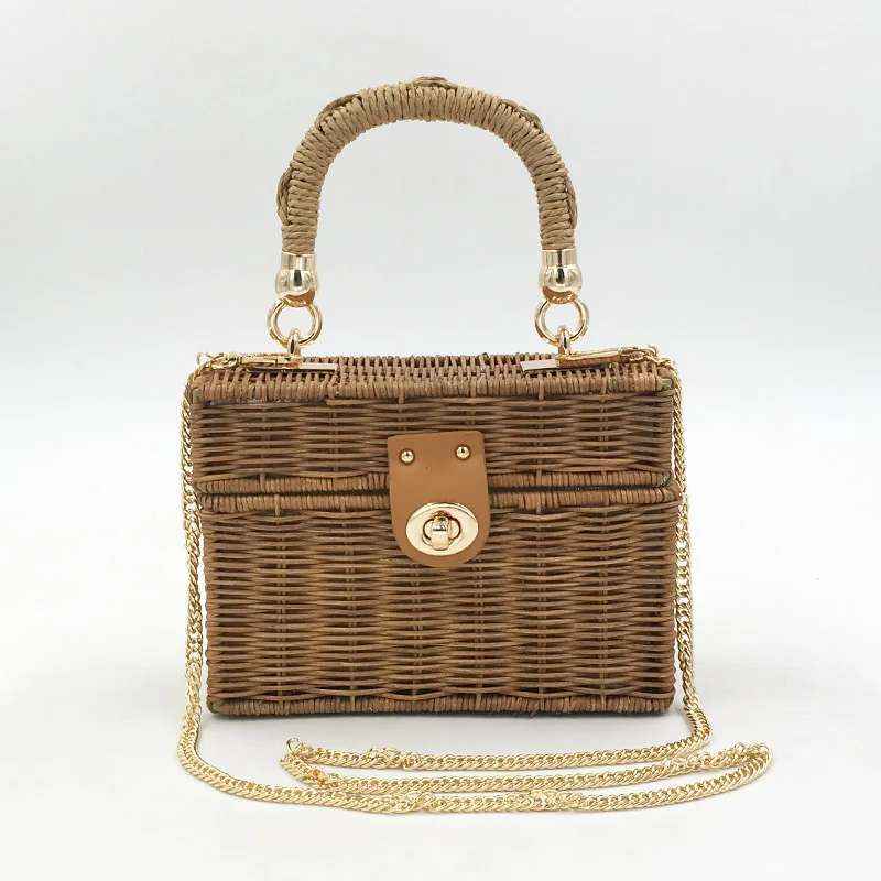 

Handmade Women Handbag Wicker Woven Beach Bag Bohemian Summer Straw Shoulder Bag Female Rattan Crossbody Box Designer Chain Tote