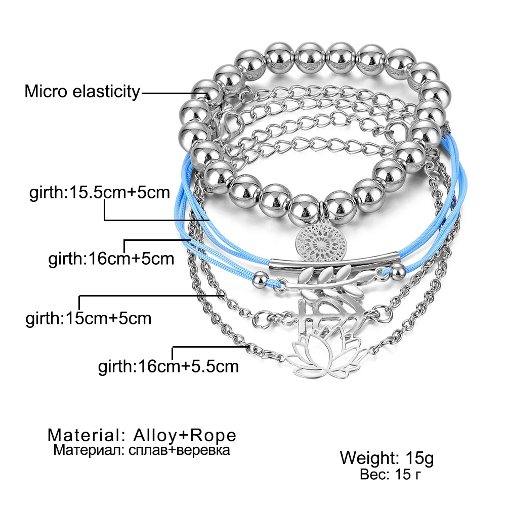 

Bohemian Silver Color Beads Leaf Lotus Rope Charm Bracelets Set For Women Ladies Bracelets Jewelry Accessories Gifts