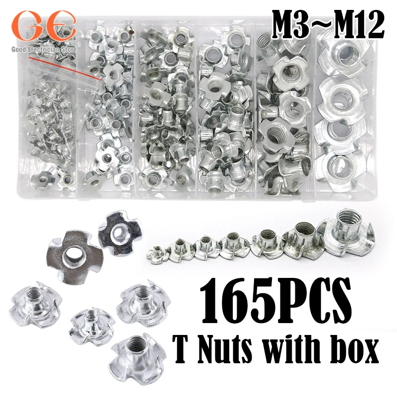 

165PC Zinc Plated Carbon Steel T Nut Four-Pronged Tee Nuts for Woodworking Furniture metic nut and bolt assortment nut and bolt