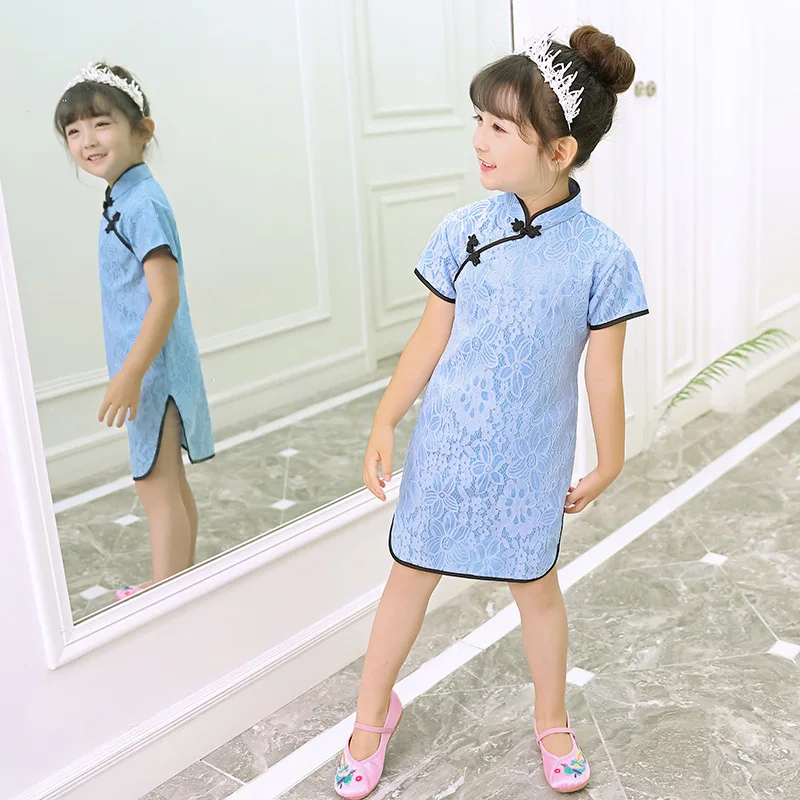 Princess Girls Dress Chinese Traditional Costumes Cheongsams Hanfu Tight Dragon&Phoenix Floral Kids Girls Kimono Satin Dress